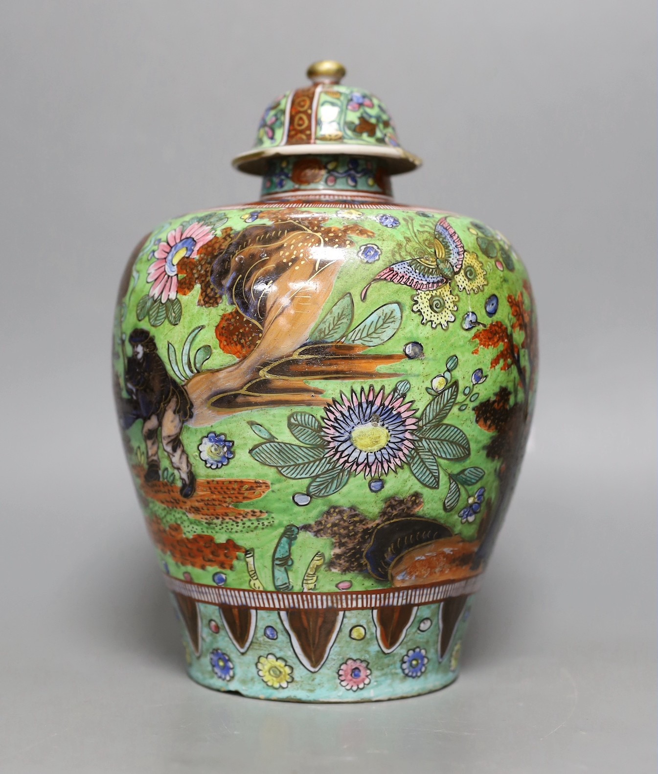 A clobbered Delft vase with a clobbered Chinese porcelain cover, 24cm high